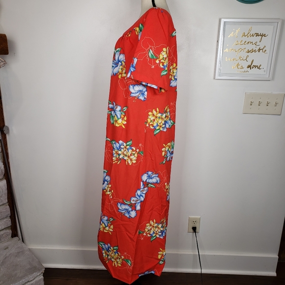 Vintage Hawaiian Red Mumu Floral Short Sleeve Maxi Dress M - Picture 10 of 16